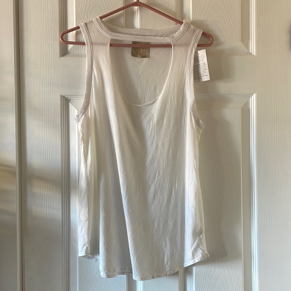 Chaser distressed neck cutout tank white